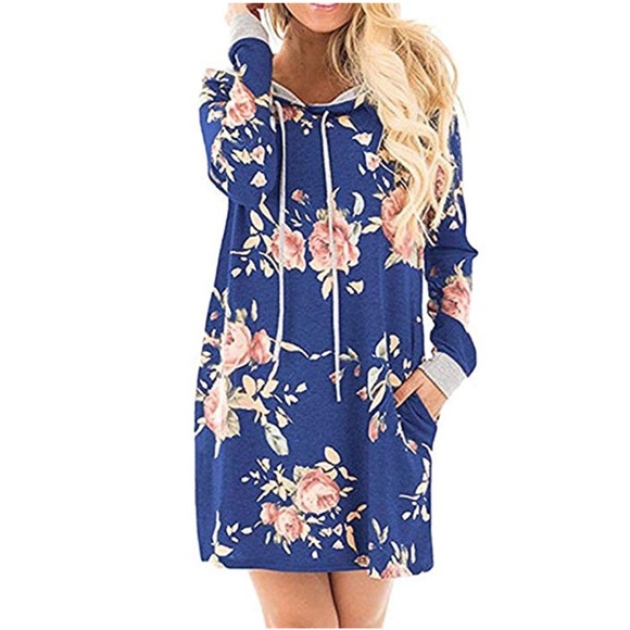 Boutique Tops - Blue Floral Print Oversized Hooded Sweatier Dress